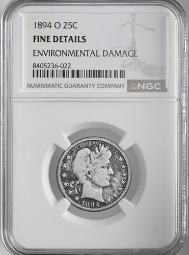 1894-O  25C BARBER SILVER QUARTER  NGC FINE DETAILS "ENVIRO DAMAGE" #8405236-022