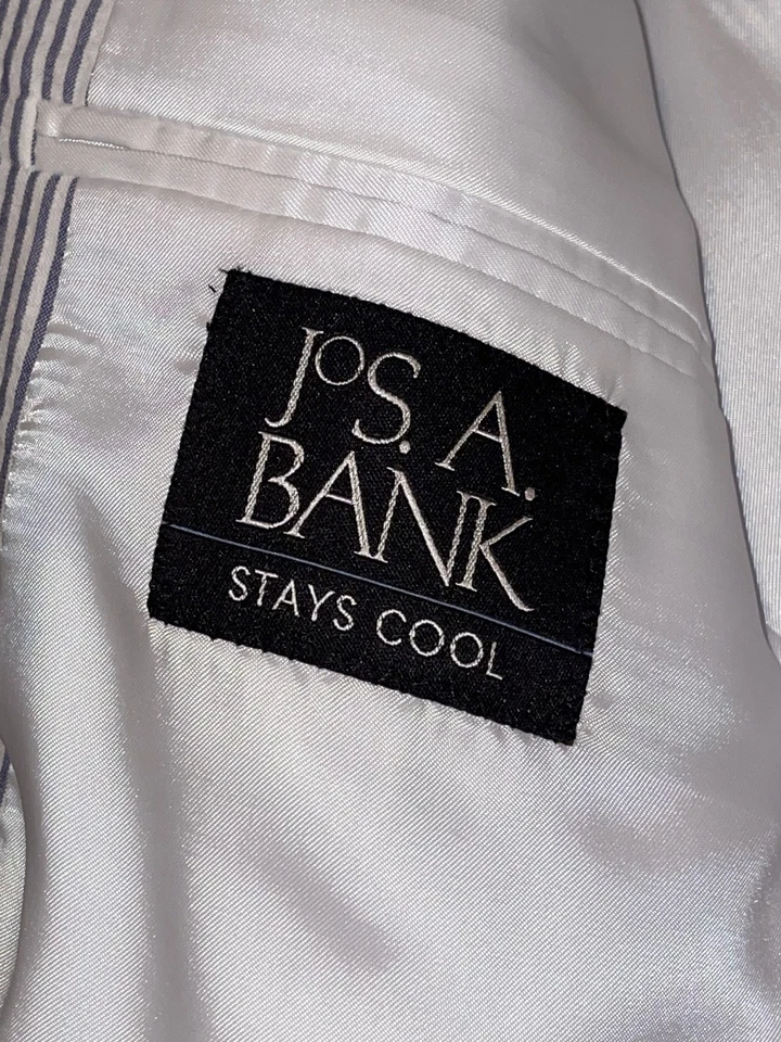 Jos. A. 银行套装男式 42R 36W 蓝色白色泡泡纱定制贴合保持凉爽 — 第 3/4 张图片