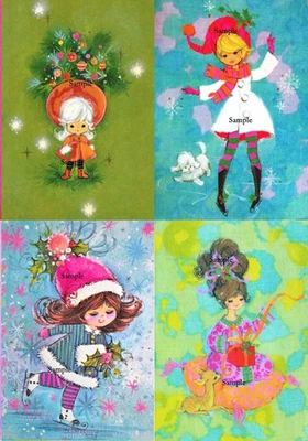 Vintage Christmas 1970's Retro Girls Holly Dog 4 x Card Topper -8.2cm W x 13cm H - image 1 of 2