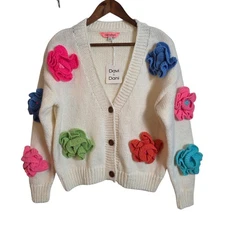 Davi & Dani Women's Cream Knit Cardigan Small Colorful Floral Applique Sweater
