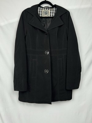 Espirit Women's Hooded Black Mid-length Raincoat Trenchcoat S Button Up Lined