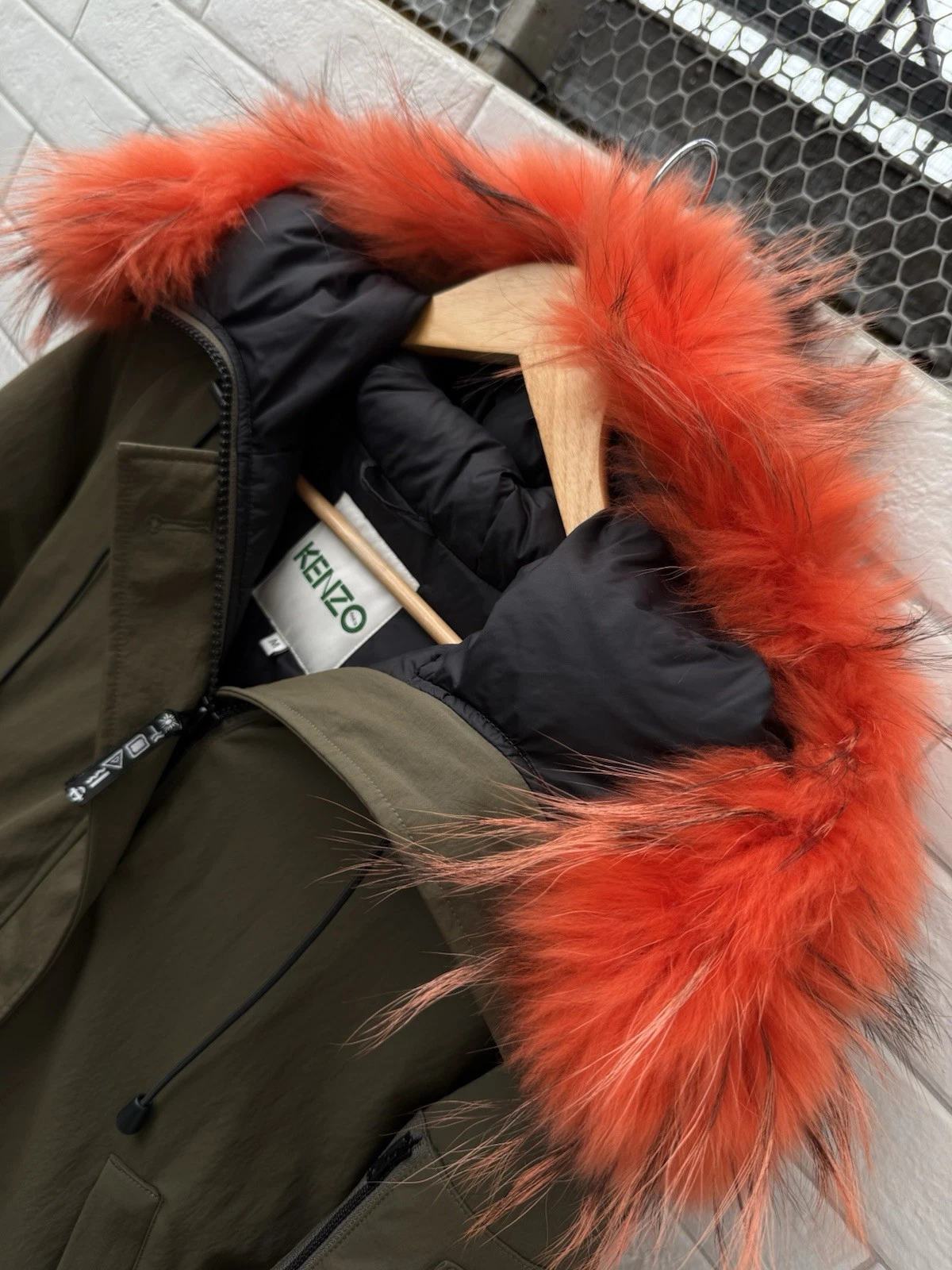 Kenzo piumino d'anatra giacca bomber con pelliccia zip intera verde donna taglia M