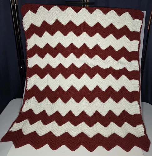 NEW Handmade Crochet Throw Afghan 35” x 47” Chevron Design Rust Brown/White