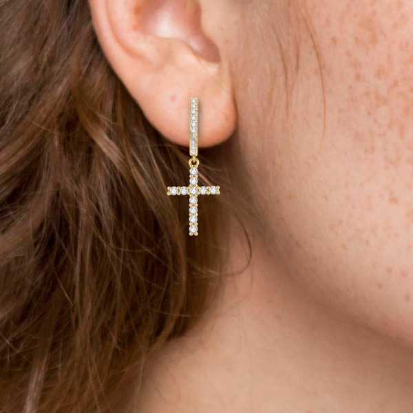 Alternate view of 14k Gold Plated Cross Earrings For Women Men, Cross Dangle Earrings Hypoaller