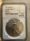 2021 $1 Type 1 American Silver Eagle NGC MS70 Brown Label