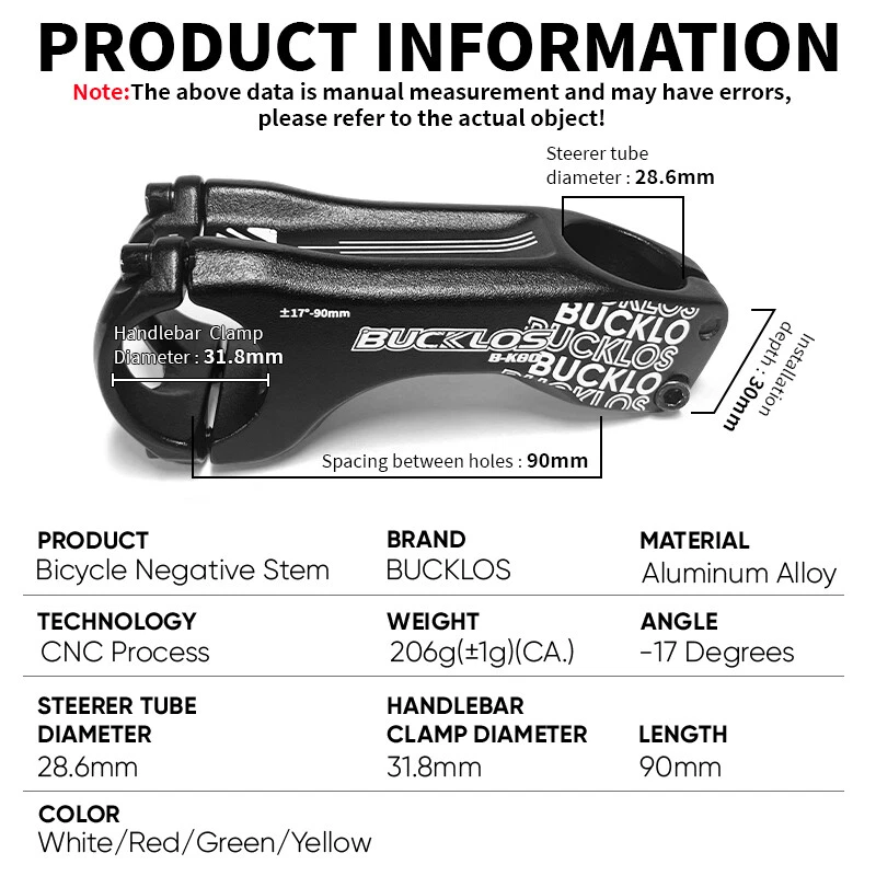 BUCKLOS Bike Stem 31.8mm/28.6mm MTB Road Cycling 90mm Handlebars ±17 degree Flat - Image 3 of 4