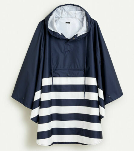 NEW J Crew Womens Striped Travel Packable Rain Poncho Jacket Blue White  SOLD OUT