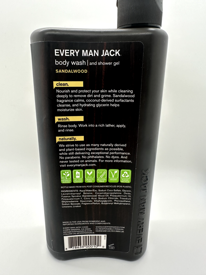 Every Man Jack Sandalwood Body Wash Shower Gel 16.9 FL. OZ. 2 Bottles