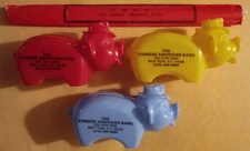 3 VTG The Chinese American Bank Plastic Piggy Banks Red Yellow Blue & Chopsticks