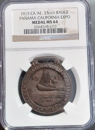 1915 Panama-Pacific Expo Completion Badge San Diego CA Gilt 50MM Medal NGC MS65