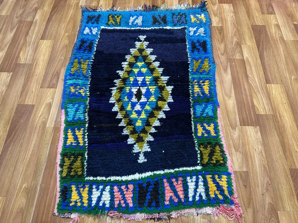 Handmade Moroccan Rug 2.9x4.4 ft – Vintage Berber Wool Carpet – Navy Tribal - Image 3 of 4