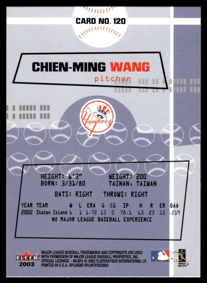 2003 Fleer Box Score Chien-Ming Wang Rookie New York Yankees #143 R119 - Image 2 of 2