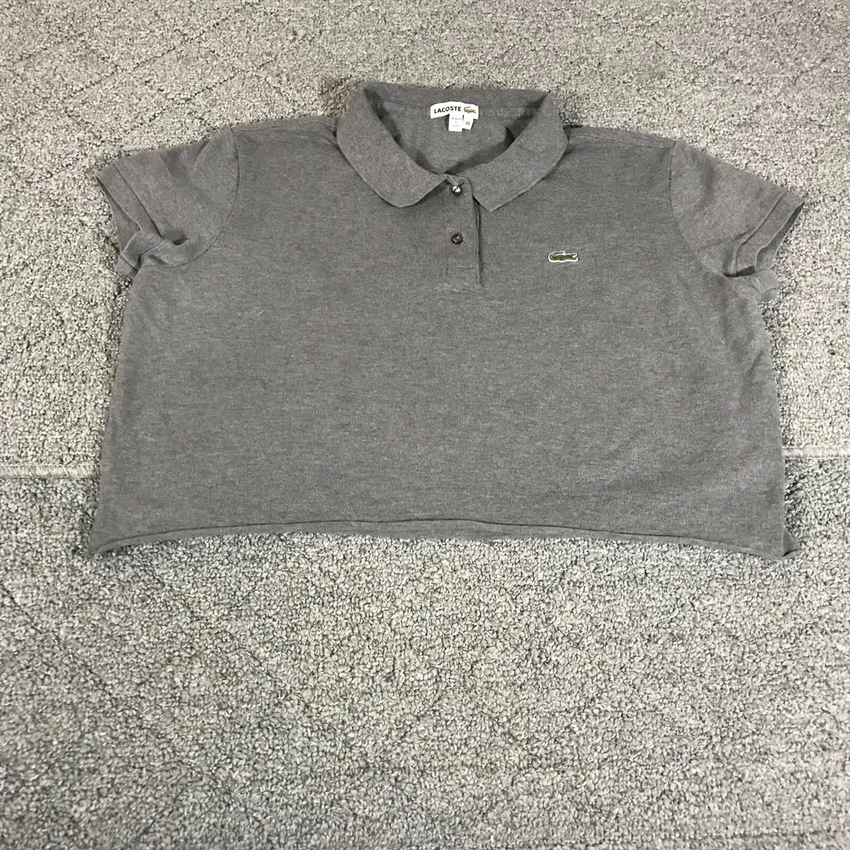 Lacoste Polo Shirt Womens 44 Large Gray Rugby Alligator Crocodile Cropped Ladies