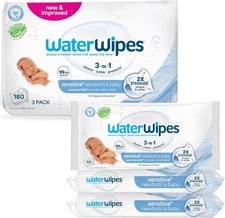 WaterWipes Sensitive+ Newborn & Baby Wipes, 3-In-1 Cleans,180 Count (3 Packs)