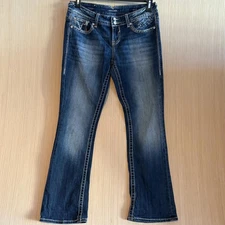 Vigoss The Chelsea Slim Bootcut Jeans Sz 7/8 Low Rise Distressed Denim Embellish