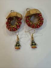 Christmas Holiday Red/Gold Wreath Golden Bow French Hook Earrings,