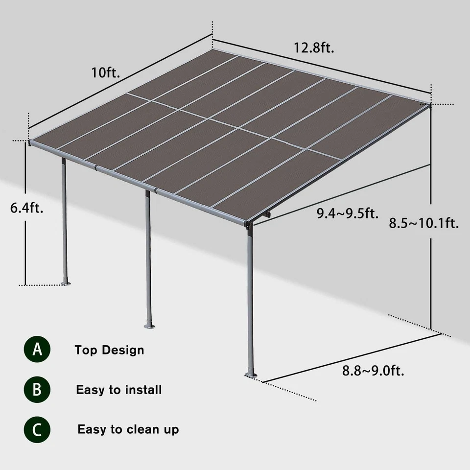 Aoodor 13x10FT Patio Wall-Mount Lean to Pergola Gazebo Shelter Polycarbonate Top - Image 2 of 4