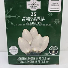 Holiday Time - 25 C9 Warm White LED Ultra Bright Lights Green Wire Christmas