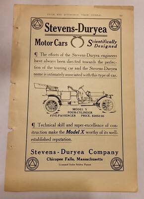 Vintage 1910 Stevens-Duryea Motor Cars Model X  Original Antique Print Ad 7x10