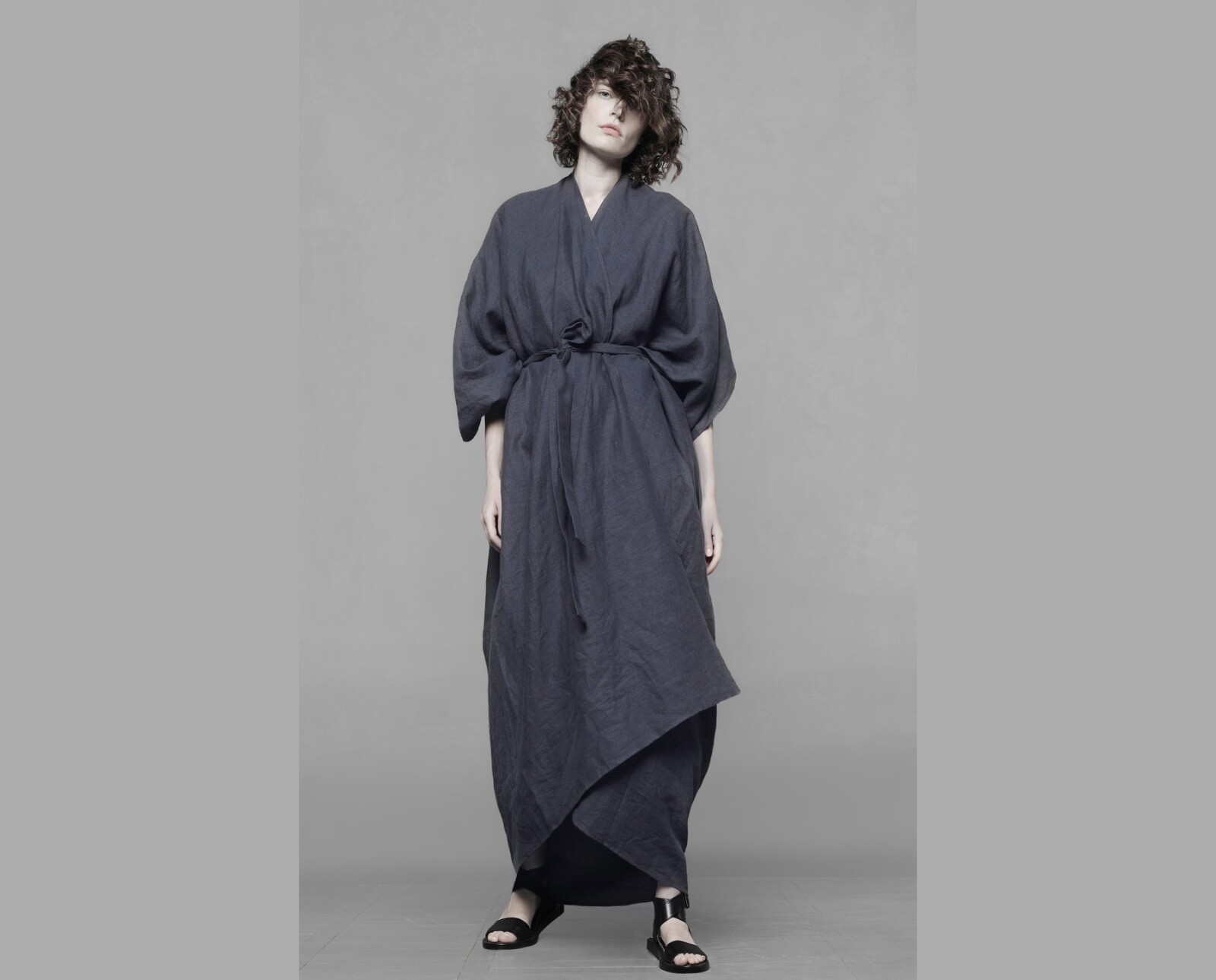 Avant-garde linen kimono cardigan plus size duster wrap dress
