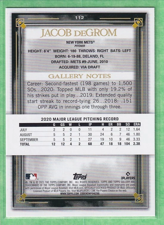 2021 Topps Gallery #112 Jacob DeGrom New York Mets - Image 2 of 2