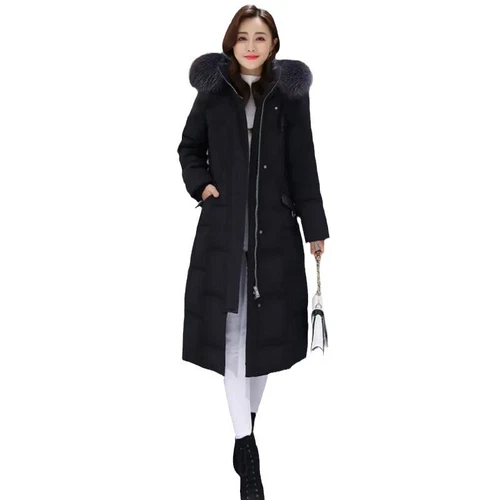Winter Down Cotton Jacket Long Slim Fit Big Fur Collar Womens Hooded Warm Jacket - Bild 6 von 19