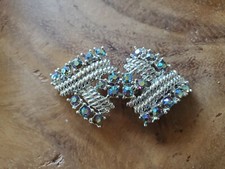 Vintage Art Deco Rhinestones Silver Metal Clip Belt Buckle; Interlocking; mint