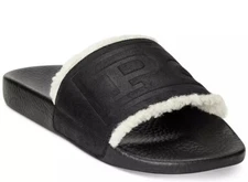 Polo Ralph Lauren Black Suede Leather Faux Shearling Sandals Slides New