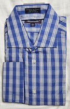 Faconnable Dress Shirt Cotton Long Sleeve Button Up Shirt Size 16R Blue Plaid