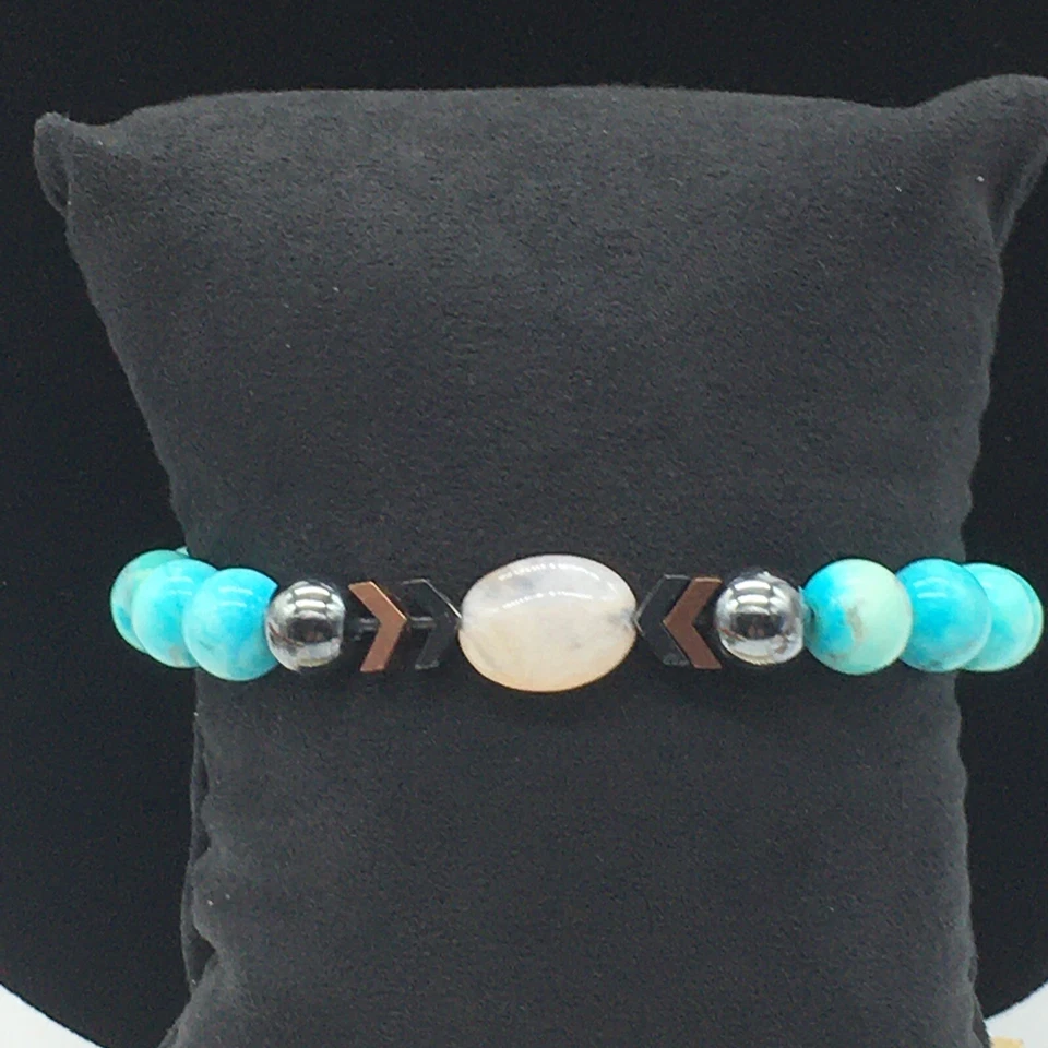 Rustic Cuff Hematite Agate Bracelet Stretch Southwest Black Logo Charm - Image 3 of 4