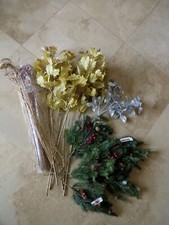 16 PC Lot Christmas Holiday Floral Picks Gold Silver Holly Pine Sprig Never Used