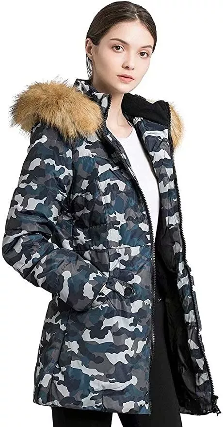 Beinia Valuker Down Parka Puffer Jacket Faux Fur Trim Blue Camo Medium 120