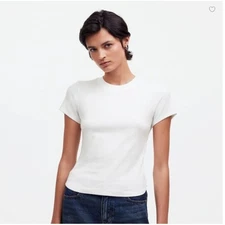 Madewell Top Womens Medium White Ribbed Crew Neck Tee Cotton Short Sleeve NS552