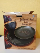 Northwoods Noel 12 Piece Dinnerware Set Embossed Winter Scene With Trees & Cabin