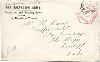GB 1916 WW1 OAS Salvation Army Censored Cover from APO S.12 to Cardiff