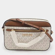 Borsa a tracolla Michael Kors Jet Set EW grande in tela e pelle firmata bianc...