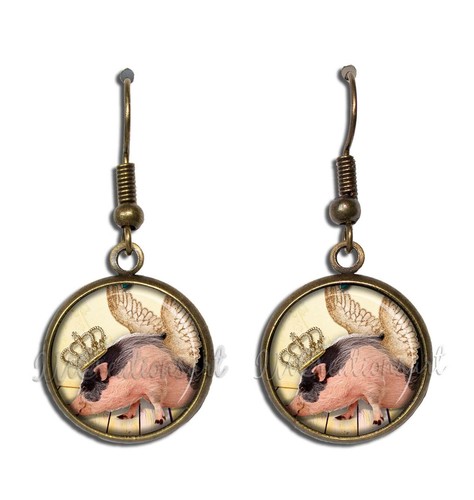 Flying Royal Pig Animal Spirit Handmade Resin Dangling Earrings 16mm SIZE - Picture 9 of 10