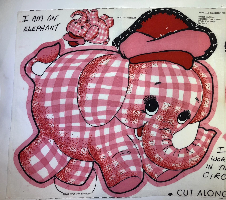 Raro Vintage Rosa Guinga Elefante Artesanal Tela Sin Cortar Panel Almohada Juguete Muñeca Foto 3 de 4
