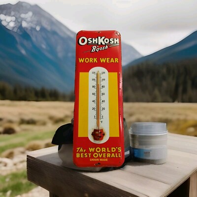 Vintage OshKosh B'qosh Work Wear Thermometer Tin merchandise 1950 No Porcelain