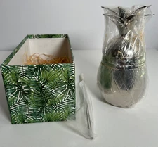 The Pineapple Co 16 oz Brass Pineapple Cocktail Tumbler w/Metal Straw Silver Col