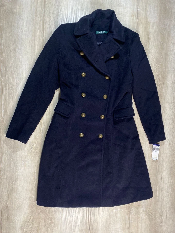 Nuevo con etiquetas Maxi Abrigo Lauren Ralph Lauren Mujer Azul Marino 2 Doble Pecho Militar