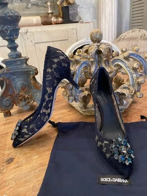 Dolce Gabbana Bellucci Lace Crystal Pumps Navy 38 New | eBay