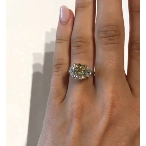 3 CT Cushion Cut Canary Yellow Moissanite 9K White Gold Ring, Canary Moissanite - Picture 4 of 12