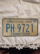 Vintage CONNECTICUT License Plate White & Blue "PH-9721&rdquo; 1979 Constitution State