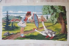 Vintage Large Needlepoint Village Girl Geese 9 Mesh Cotton Pattern Canvas 47x26