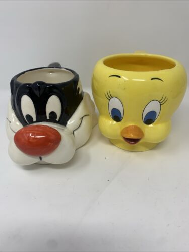Vtg 1989 Warner Bros Applause Ceramic Mug Lot of 2 Tweety Bird & Sylvester - Picture 1 of 8