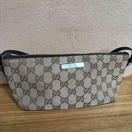 Gucci GG Canvas Pochette Shoulder Bag Beige Brown Leather Trim Zip Top Purse