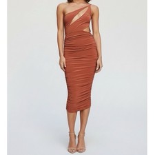 $279 NWT NOOKIE Envie Bodycon Cut-Out One Shoulder Midi Dress, Rust, XS