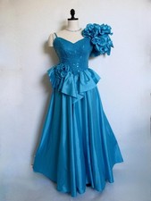 Vtg 80s Alyce Designs Prom Pageant Evening Dress XXS Blue Asymmetrical Sequins