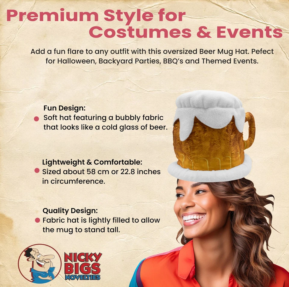 Nicky Bigs Novedades Taza de Cerveza Sombrero Divertido Espuma Cerveza Stein Disfraz Prendas para la cabeza Peluche Foto 4 de 4